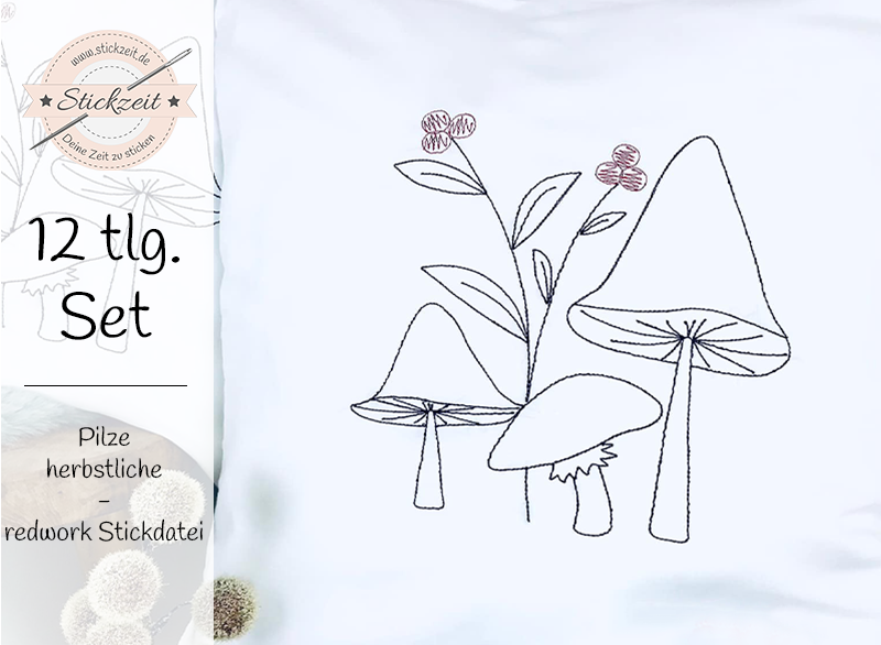 Pilze Herbst - redwork Stickdatei